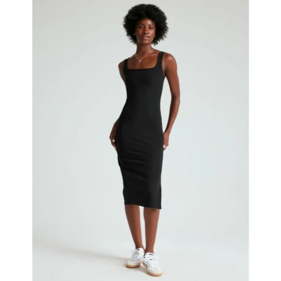 Beyond Yoga Black Midi Dress With Square Neckline & Side Slit - Picture 1 of 7